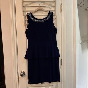 Aa Studio Navy Sleeveless Peplum Dress with Beaded Neckline